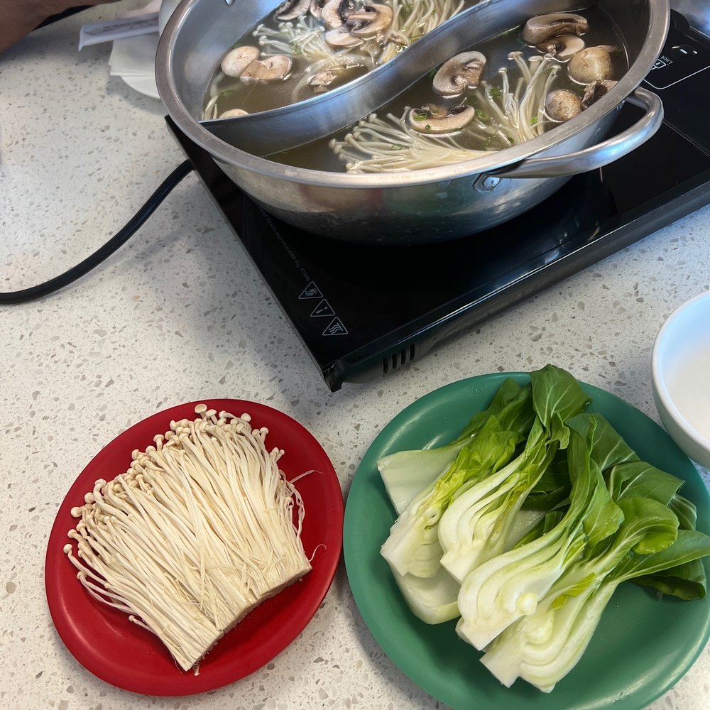 Hot Pot Heaven - Mushroom broth w/ bok Choi + extra enoki from their fridge - Hot Pot Near Me - Kapolei, Hawaii Hot Pot Heaven - Mushroom broth w/ bok Choi + extra enoki from their fridge - Hot Pot Near Me - Kapolei, Hawaii