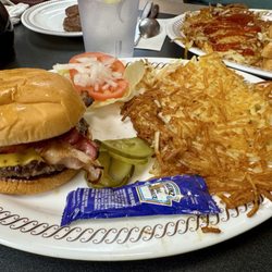 Waffle House - Bacon cheese burger with all the fixings and hash browns