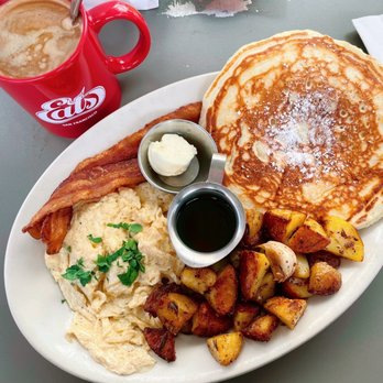 Eats - Buttermilk Pancakes; Side of Bacon; scramble eggs; and a side of potatoes. Americano. - American Near Me - San Francisco, California