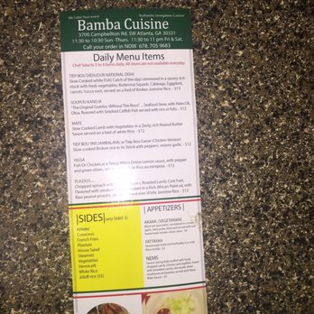Bamba Cuisine - Menu for this restaurant - Senegalese Near Me - Atlanta, Georgia Bamba Cuisine - Menu for this restaurant - Senegalese Near Me - Atlanta, Georgia