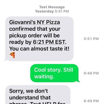 Giovanni's NY Pizza - Long wait; far longer than promised for pickup - Italian Near Me - Leesburg, Virginia Giovanni's NY Pizza - Long wait; far longer than promised for pickup - Italian Near Me - Leesburg, Virginia