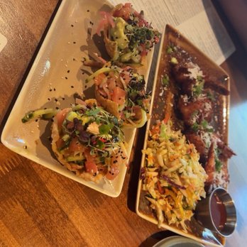 Reunion Kitchen + Drink - Coconut shrimp and avocado/ watermelon poke style boats. - New American Near Me - Corona, California