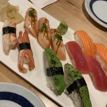 Cafe Sushi Shoten - 2019 nigiri: salmon belly, avocado, salmon, tuna, crab - Japanese Near Me - Cambridge, Massachusetts