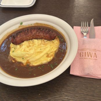 GIWA - Omurice is kimchi fried rice with scramble egg layer on top and apple sausage in a bed of gravy - yum! - Breakfast & Brunch Near Me - Santa Clara, California GIWA - Omurice is kimchi fried rice with scramble egg layer on top and apple sausage in a bed of gravy - yum! - Breakfast & Brunch Near Me - Santa Clara, California