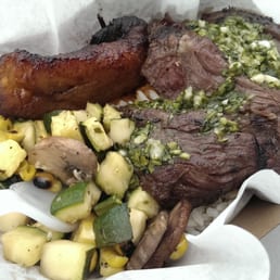 darn churrasco- Grilled skirt steak w/ chimichurri sauce, mango coconut rice, roasted corn, diced zucchini, oyster mushrooms, maduro darn churrasco- Grilled skirt steak w/ chimichurri sauce, mango coconut rice, roasted corn, diced zucchini, oyster mushrooms, maduro