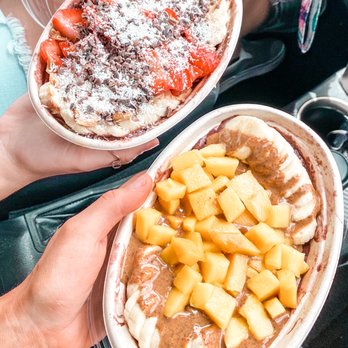 Juice Habit - On the top: Mocha nut cup açaí bowl  On the bottom: Mango butter açaí bowl (but without the coconut) - Juice Bars & Smoothies Near Me - Largo, Florida