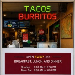 Tacos and burritos daily menu and operating hours