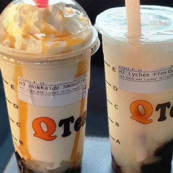 QTea - H9-Hokkaido Smoothie with Lychee Jelly and Boba. And an H2-Lychee Frosty with Lychee Jelly and Boba. - Bubble Tea Near Me - Dublin, California