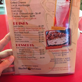 Runaway Train Cafe - Runaway Train Menu back - Diners Near Me - Brownwood, Texas