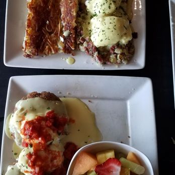 The Scratch Room - Corned beef Benedict with hashbrowns, crispy salmon cake Benedict with fruit (~3.8/5) - Breakfast & Brunch Near Me - Anaheim, California The Scratch Room - Corned beef Benedict with hashbrowns, crispy salmon cake Benedict with fruit (~3.8/5) - Breakfast & Brunch Near Me - Anaheim, California
