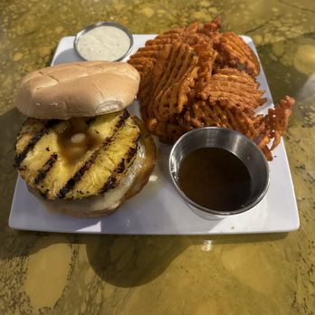 JB's Steakhouse - Half pound burger with pepper jack cheese, grilled pineapple, tropical rum glaze and sweet potato fries - Steakhouses Near Me - Robinson, Illinois