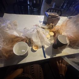 Snow crabs, boiled eggs, sausage, big potatoes