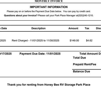 Honey Bee RV Storage - What they charge - Self Storage Near Me - Tucson, Arizona