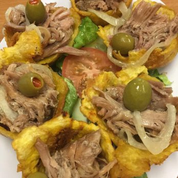 Sol Cubano - Tostones - flattened fried plantains with shredded pork. - Cuban Near Me - North Highlands, California Sol Cubano - Tostones - flattened fried plantains with shredded pork. - Cuban Near Me - North Highlands, California