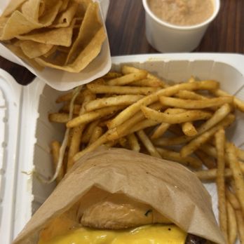 Brunch N Burger - Double smash burger with fries and chips and dip - Burgers Near Me - Bakersfield, California