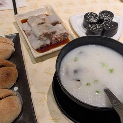 Bake BBQ buns, beef and celantro rice rolls, fish fillets porridge, black sesame roll.