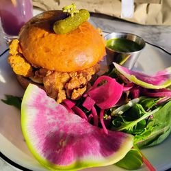 Rooftop - Crispy chicken sandwich with side salad $26