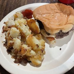 The New White Steamer Hamburgers - Cheeseburger grilled onions, German fried potatoes two Fox Trail