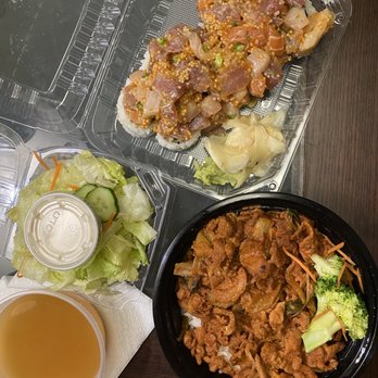 Cha Cha Sushi - Top: Brandon's roll Bottom: spicy pork donburi w/ miso soup & salad - Sushi Bars Near Me - San Jose, California
