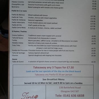 Tinto Tapas Bar - Takeaway menu - paella for £5.50 take away!! - Tapas Bars Near Me - Glasgow, GLG