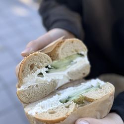 Boichik Bagels - Sesame with plain cream cheese and cucumber