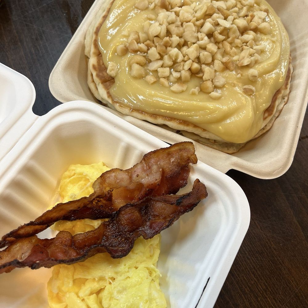 Triple Double $9: two eggs, two bacon, and two pancakes (Chantilly Macnut Pancakes). Triple Double $9: two eggs, two bacon, and two pancakes (Chantilly Macnut Pancakes).