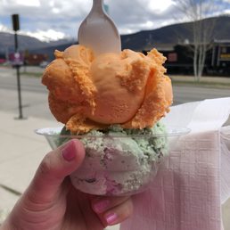 Orange pineapple and mint chocolate chip ice cream. Orange pineapple and mint chocolate chip ice cream.