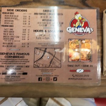 Geneva's Famous Chicken and Cornbread - One side of menu - Southern Near Me - Savannah, Georgia Geneva's Famous Chicken and Cornbread - One side of menu - Southern Near Me - Savannah, Georgia