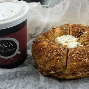 Bagel Pantry - Multi-grain toasted bagel with garlic herb cream cheese and small coffee!! Nom nom! - Bagels Near Me - Metuchen, New Jersey