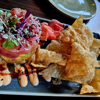 Reunion Kitchen + Drink - Ahi Poke Stack - Siracha cream | avocado | mango relish | soy ginger sauce - New American Near Me - Brea, California Reunion Kitchen + Drink - Ahi Poke Stack - Siracha cream | avocado | mango relish | soy ginger sauce - New American Near Me - Brea, California