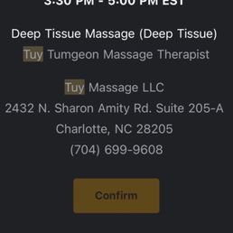 My appointment confirmation with Tuy listed as my therapist. My appointment confirmation with Tuy listed as my therapist.