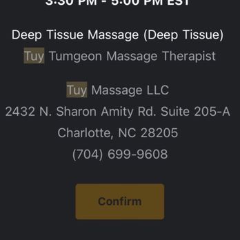 Tuy Massage - My appointment confirmation with Tuy listed as my therapist. - Massage Therapy Near Me - Charlotte, North Carolina Tuy Massage - My appointment confirmation with Tuy listed as my therapist. - Massage Therapy Near Me - Charlotte, North Carolina