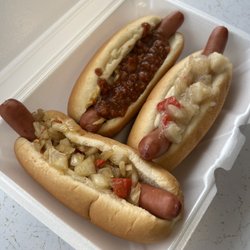 Hank's Franks - Hot Texas chili wiener, potato, potato with hot Italian onions