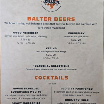 Balter Beerworks - Menu - New American Near Me - Knoxville, Tennessee