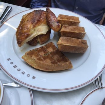 Bouchon - Poulet et Gaufres (roasted chicken with bacon & chive waffles, maple syrup & sauce Chasseur)($29.75) - French Near Me - Yountville, California