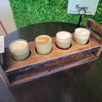 Founders Coffee - DIY matcha flight (left to right): Banana matcha, honeybun, dubai strawberry, lavender white - Coffee & Tea Near Me - Las Vegas, Nevada Founders Coffee - DIY matcha flight (left to right): Banana matcha, honeybun, dubai strawberry, lavender white - Coffee & Tea Near Me - Las Vegas, Nevada