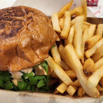 S'wich Bistro - Loaded burger with fries. Great! But next time I'd omit the blue cheese. - Breakfast & Brunch Near Me - Irvine, California