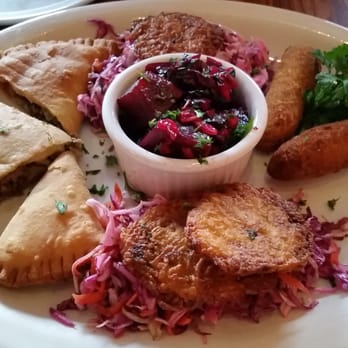 Pambiche - Picadillo empanada, pollo empanada, Jamon croquetas, fried green plaintains and both beet and cabbage salad - Cuban Near Me - Portland, Oregon Pambiche - Picadillo empanada, pollo empanada, Jamon croquetas, fried green plaintains and both beet and cabbage salad - Cuban Near Me - Portland, Oregon