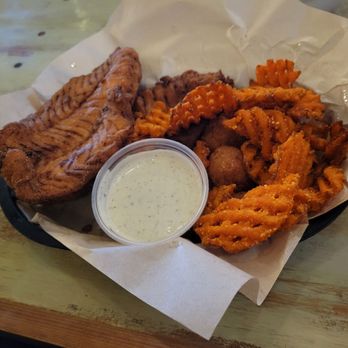 The Blind Pelican - Fried Grouper and sweet potato waffle fries - Seafood Near Me - Holly Springs, North Carolina The Blind Pelican - Fried Grouper and sweet potato waffle fries - Seafood Near Me - Holly Springs, North Carolina