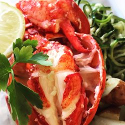 Poached Butter Garlic Lemon Lobster with Sauteed Zucchini noodles