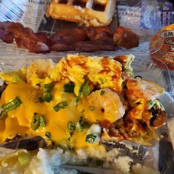Cafe La Fong's - This is my shrimp and grits order. I add sides for variety, and I like green onions on my eggs. Delicious!!!! - Breakfast & Brunch Near Me - Oakland, California
