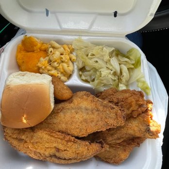 Mr. Charles Chicken & Fish - Croaker plate with Mac and cabbage - Soul Food Near Me - Charlotte, North Carolina