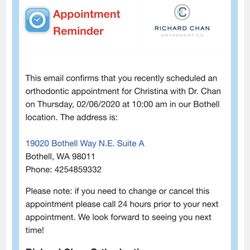 Richard Chan Orthodontics - Appointment confirmation.