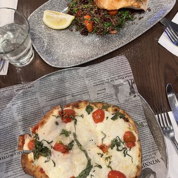 Brick & Beam - Marguerita flatbread and quinoa and salmon - Sports Bars Near Me - San Francisco, California Brick & Beam - Marguerita flatbread and quinoa and salmon - Sports Bars Near Me - San Francisco, California