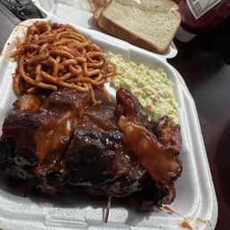 Rib tip sandwich with coleslaw and bbq spaghetti.