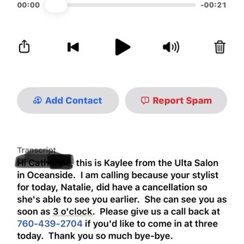 Ulta Beauty - They offered me a 3:00 then when I called to take it they said no it's no longer available. Bad business practices. - Hair Salons Near Me - Oceanside, California Ulta Beauty - They offered me a 3:00 then when I called to take it they said no it's no longer available. Bad business practices. - Hair Salons Near Me - Oceanside, California