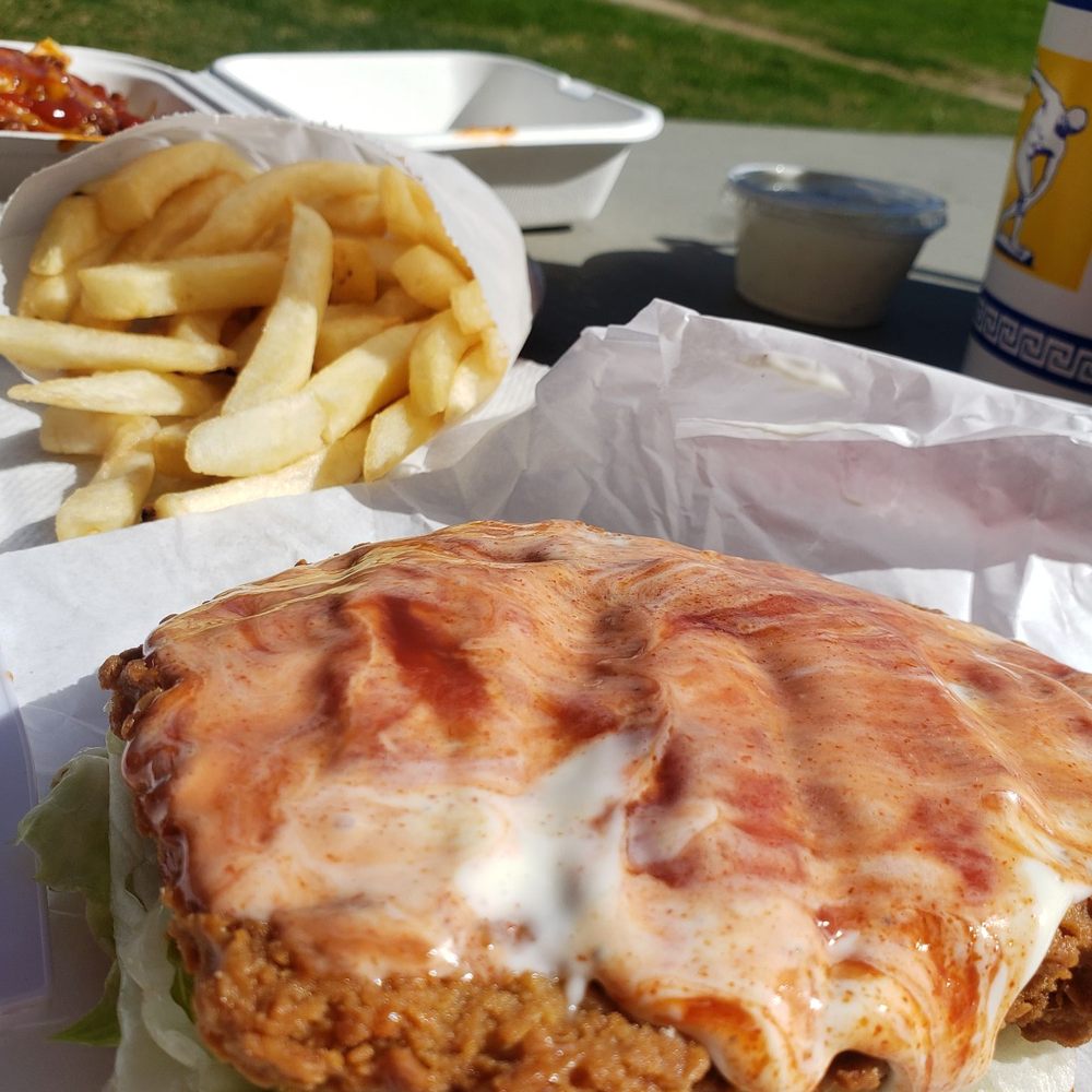 Super Charburgers - country fried chicken sandwich with hot sauce and ketchup added - Burgers Near Me - Tujunga, California