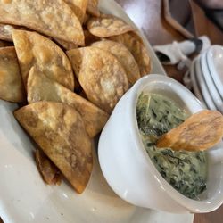 Angie's Hideaway - Spinach artichoke dip with freshly made pita chips! Kinda cheesy and good!