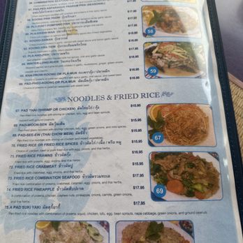 Pacifica Thai Cuisine - Seafood - A menu page displaying seafood, noodle, and fried rice dishes, with images of three dishes numbered 57, 58, and 67, and prices listed. - Thai Near Me - Pacifica, California