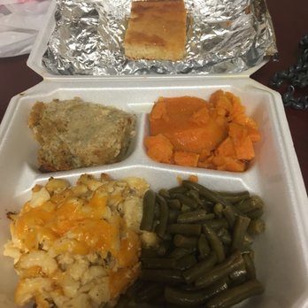 Soul Food Train - Veggie plate $9.53--dressing w/gravy, yams, Mac and cheese, and green beans. - American Near Me - Marietta, Georgia